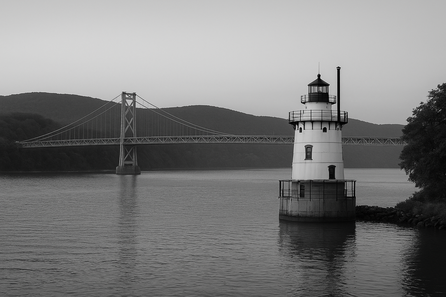 Calm monochrome Hudson River with distant hills